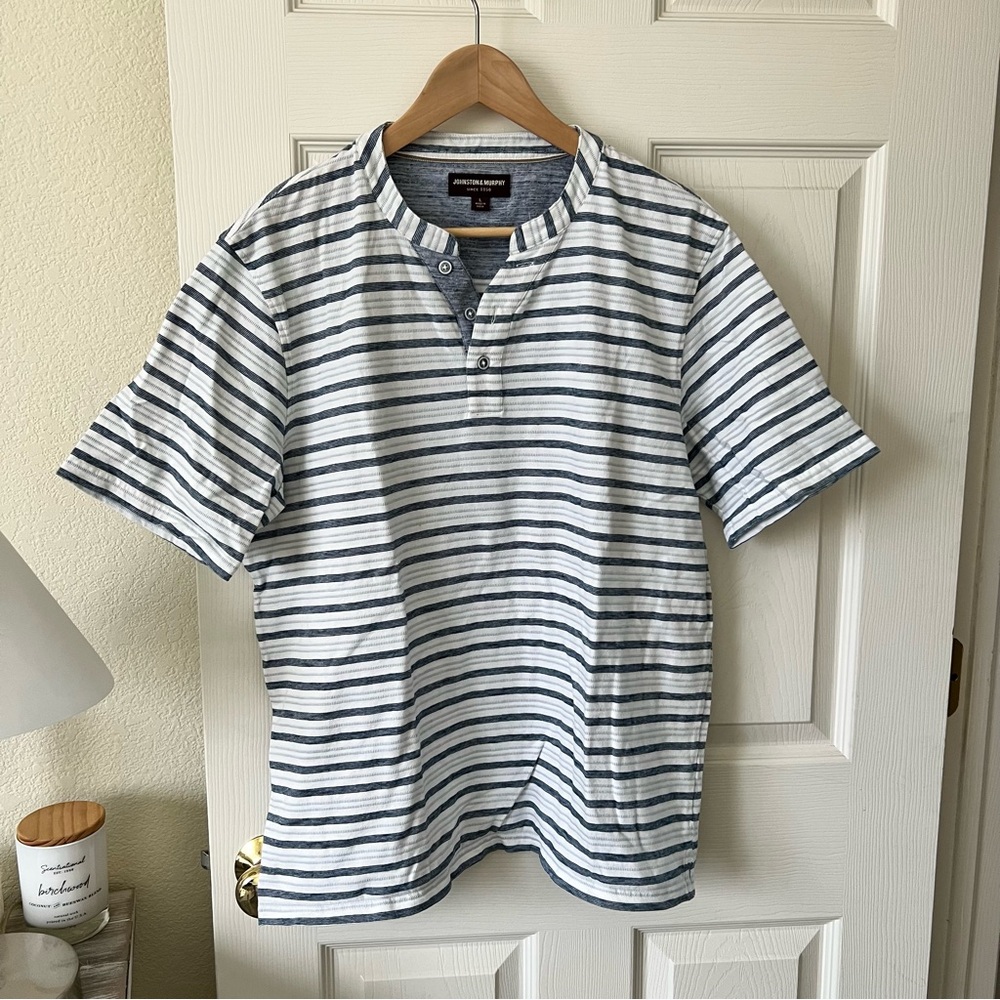Johnston & Murphy Blue Striped Henley Short Sleeve Shirt Size Large Cotton